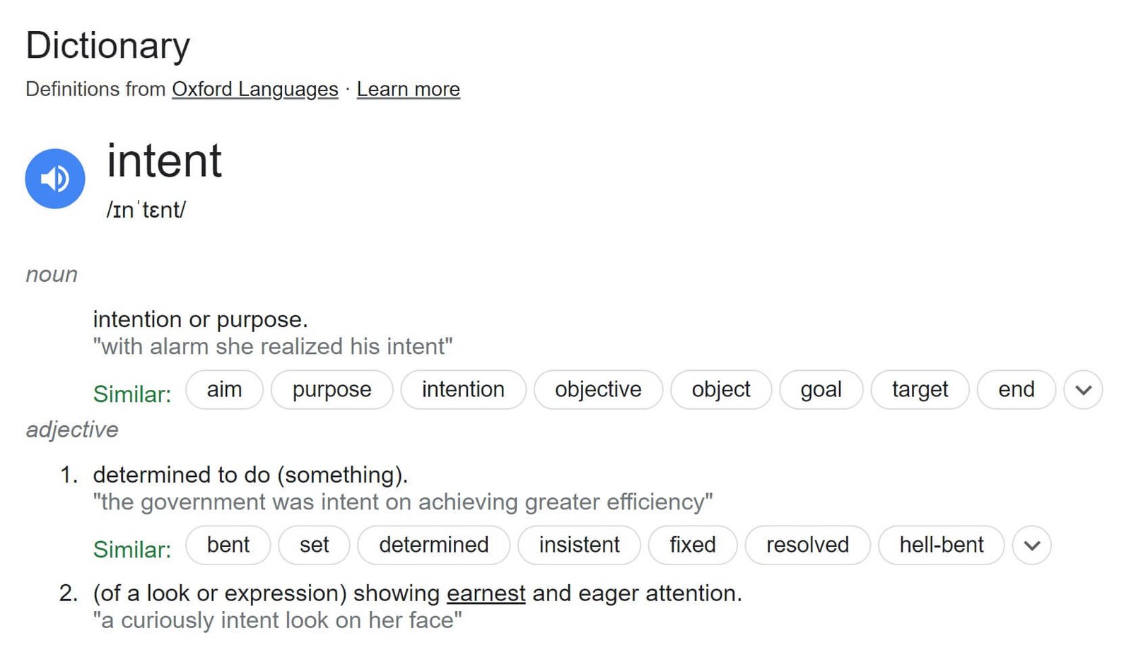 Showing the definition of Intent from Oxford Dictionaries Online.