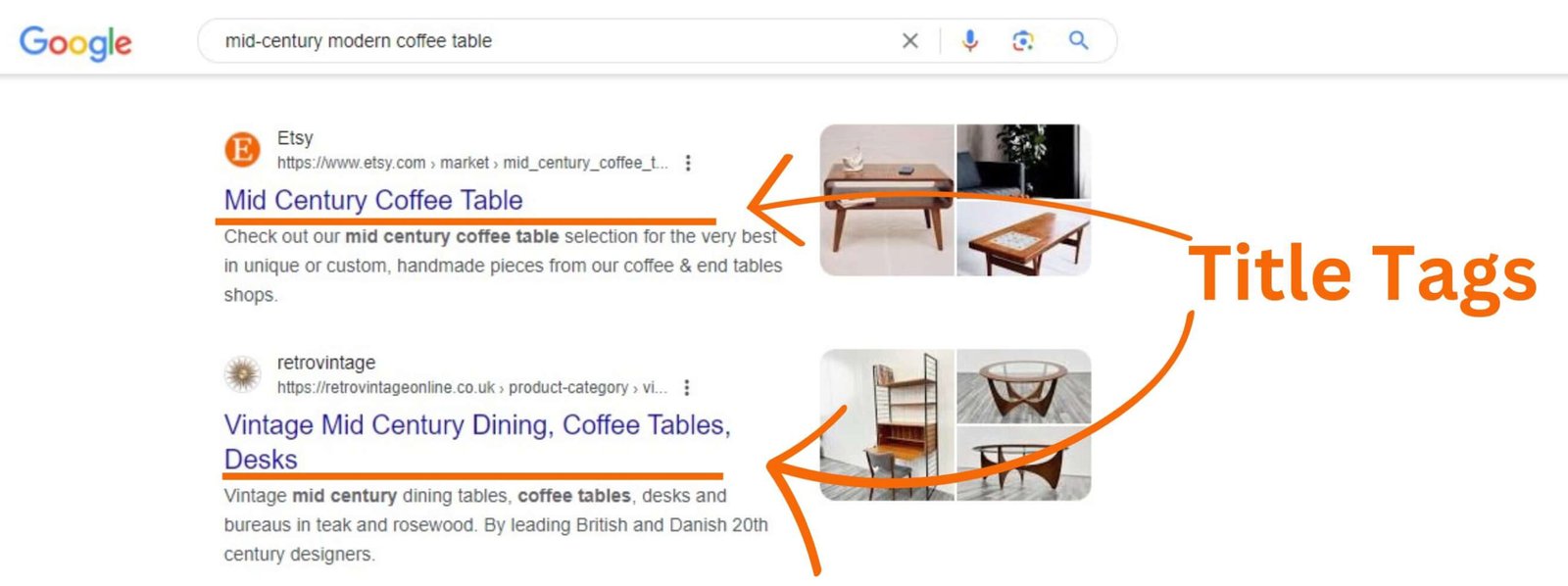 an image showing what title tags look like in the Google search results