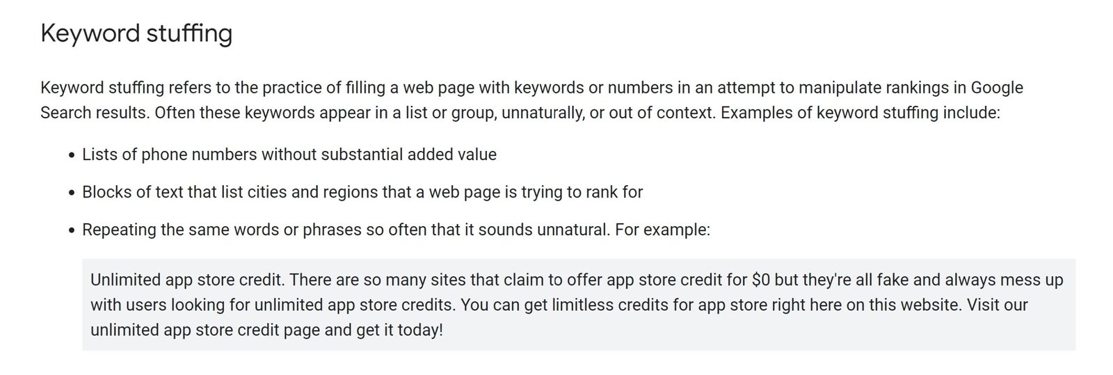 screenshot of Google Spam Policies - Keyword Stuffing.