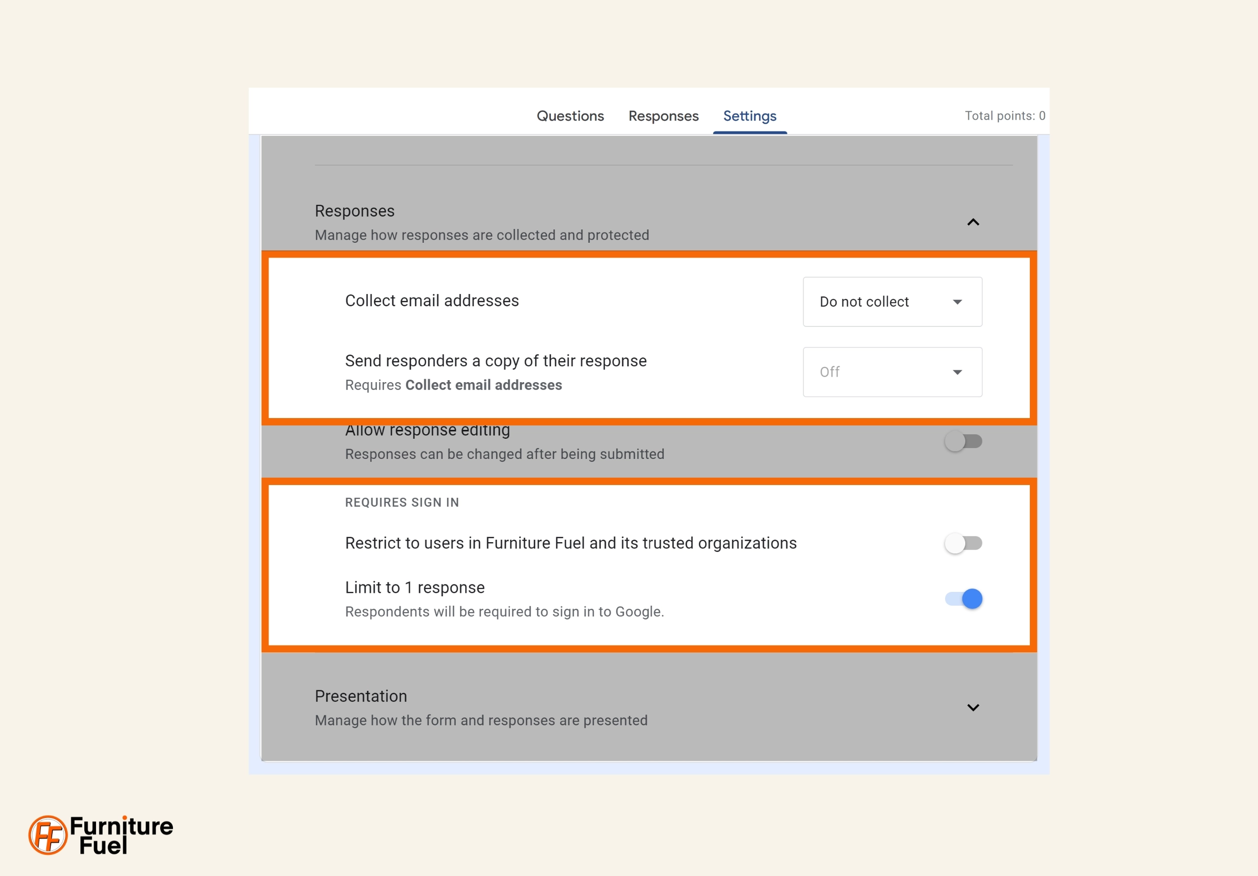 Image of Google Forms Settings