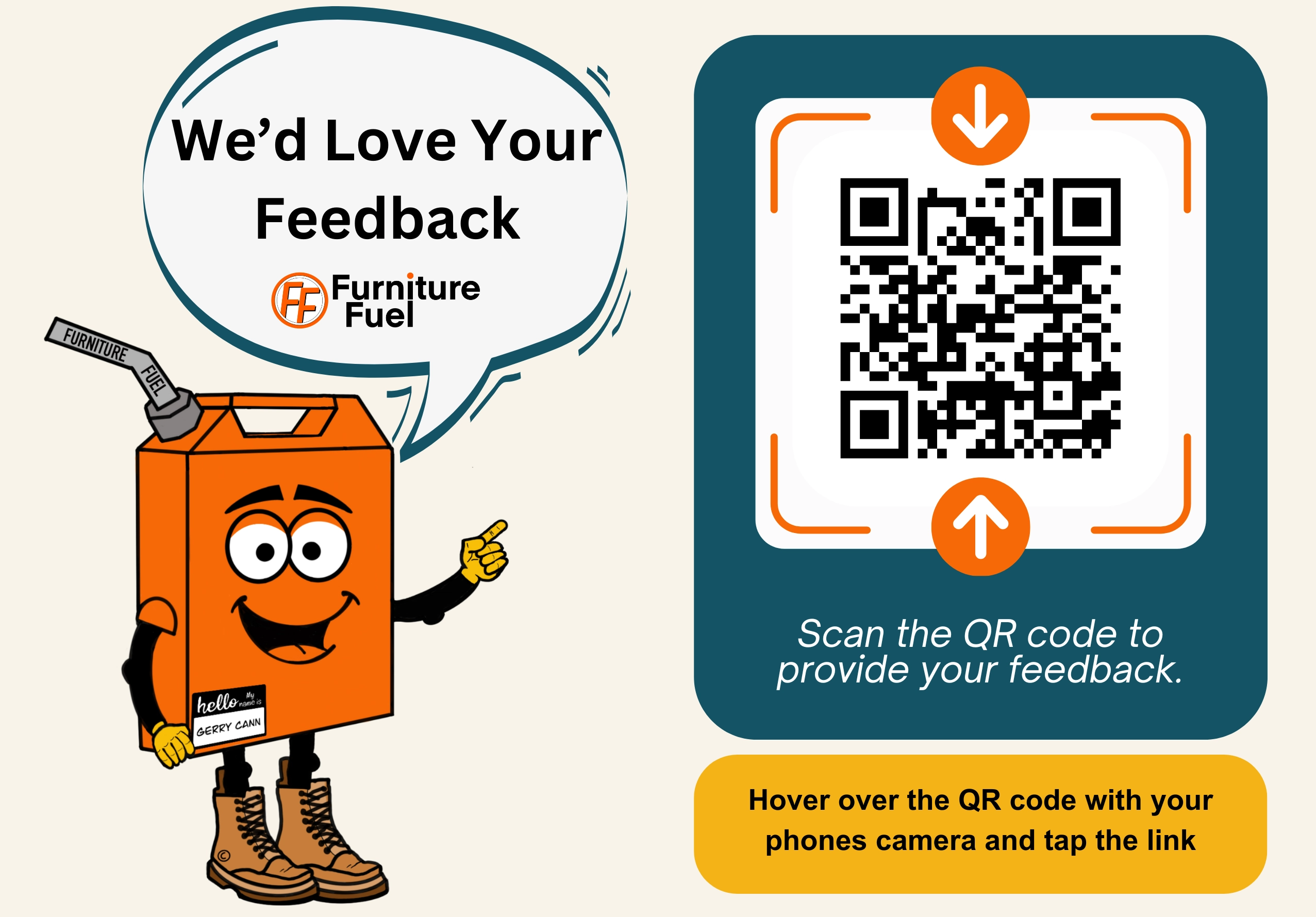 An Image of Gerry the Furniture Mascot pointing to a QR code asking for feedback