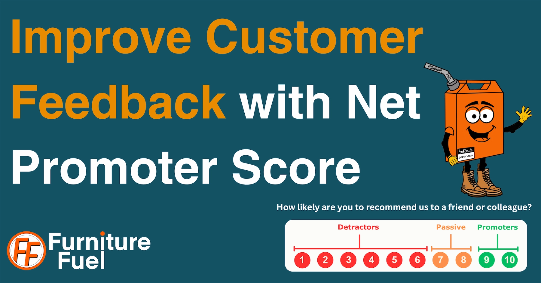 Title: Improve Customer Feedback with Net Promoter Score. Showing the NPS formula of percentage of promoters -percentage of detractors.