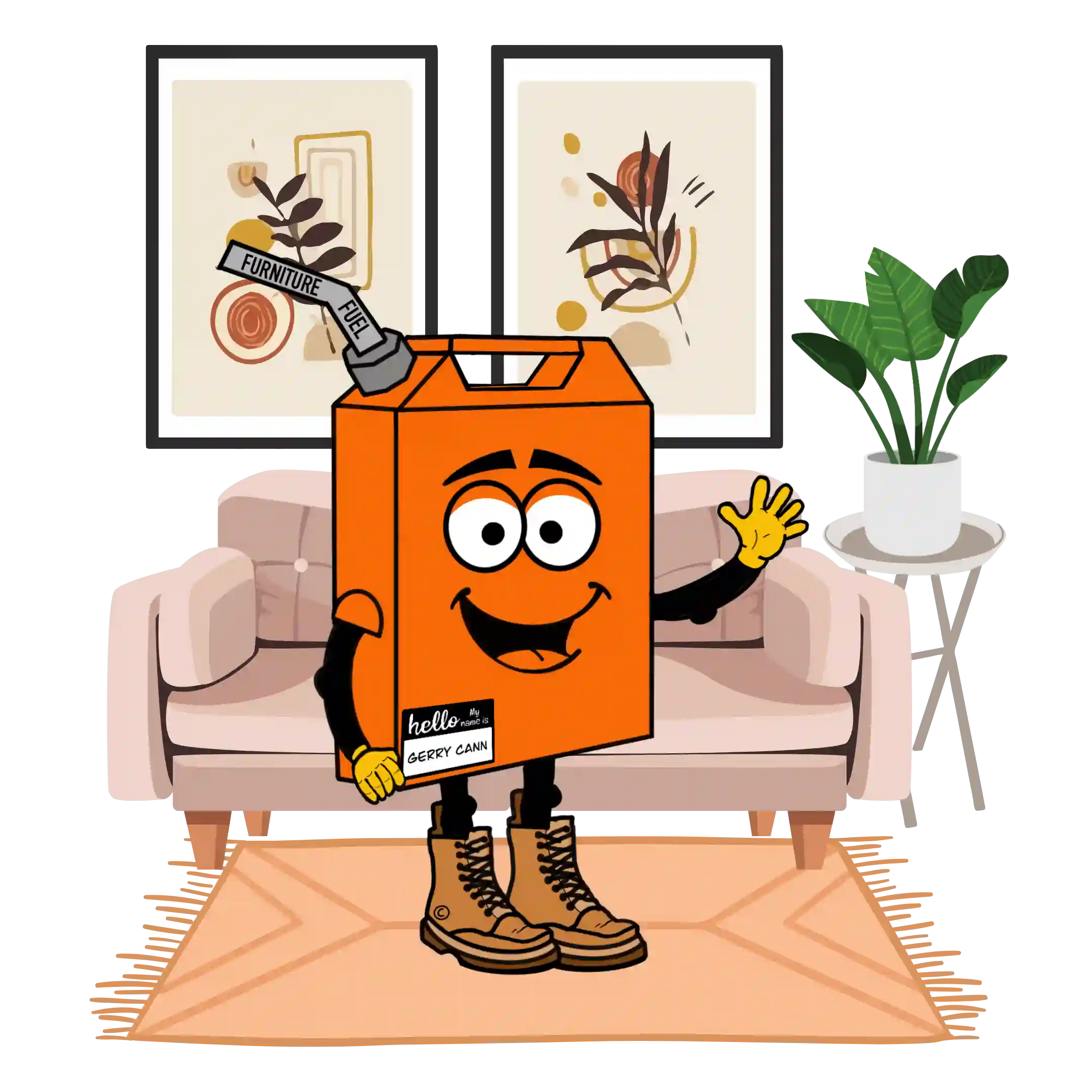 An image showing Gerry Cann, the Furniture Fuel mascot at home, waving. Gerry is an Orange jerry can with black legs and brown boots.