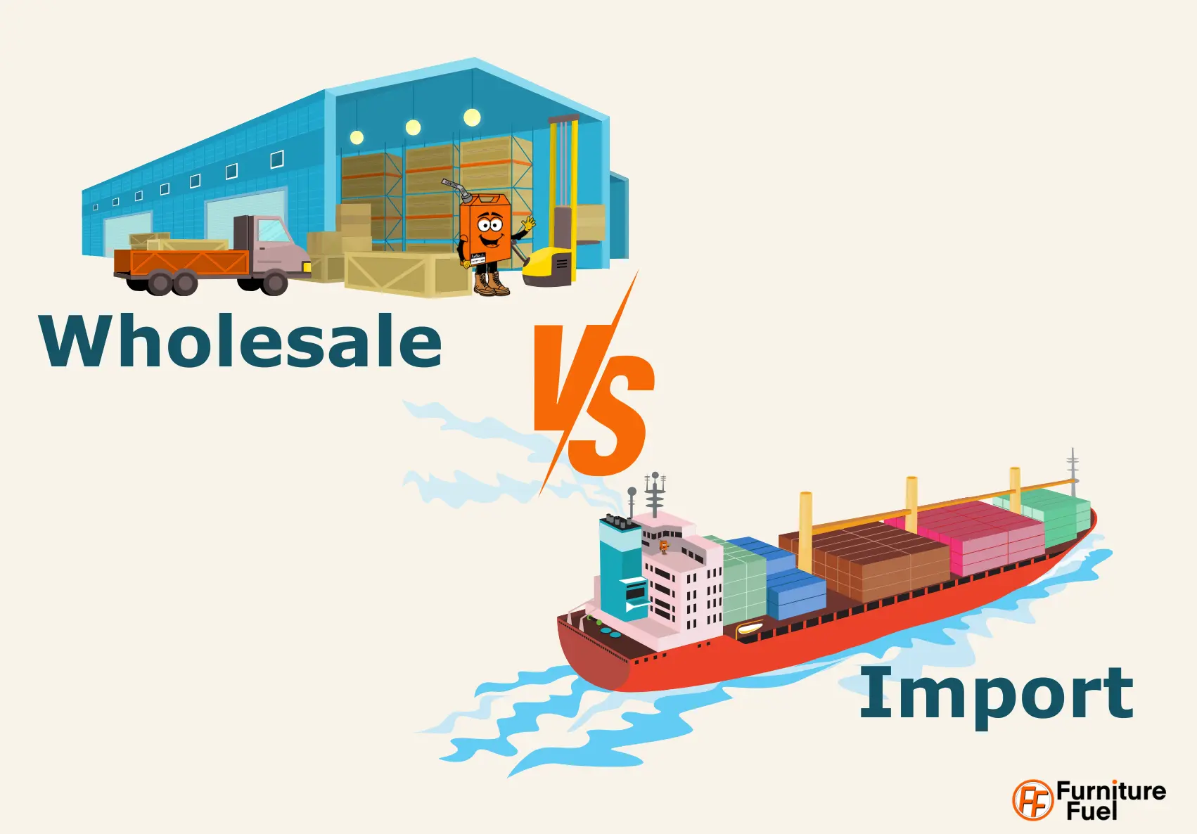 An image showing Gerry at a warehouse above the title wholesale and then below he is on a container ship above the title Importing