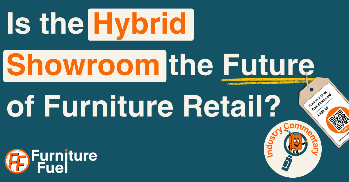 An image asking if the Hybrid Showroom is the Future of Furniture Retail? with a ticket and QR code. The hybrid Showroom, the blend between offline and online.