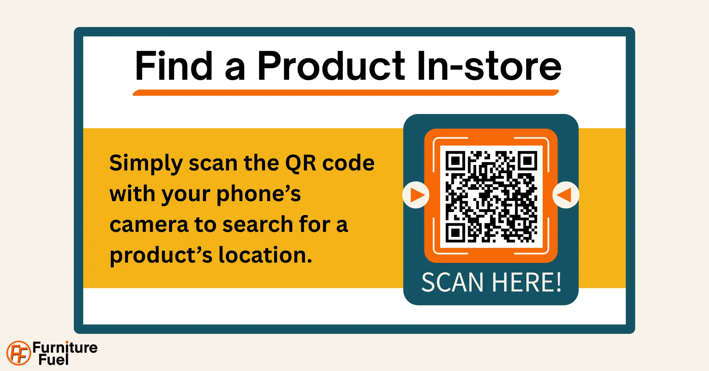 A mock-up image of an in-store sign asking customers to scan for a product's location.