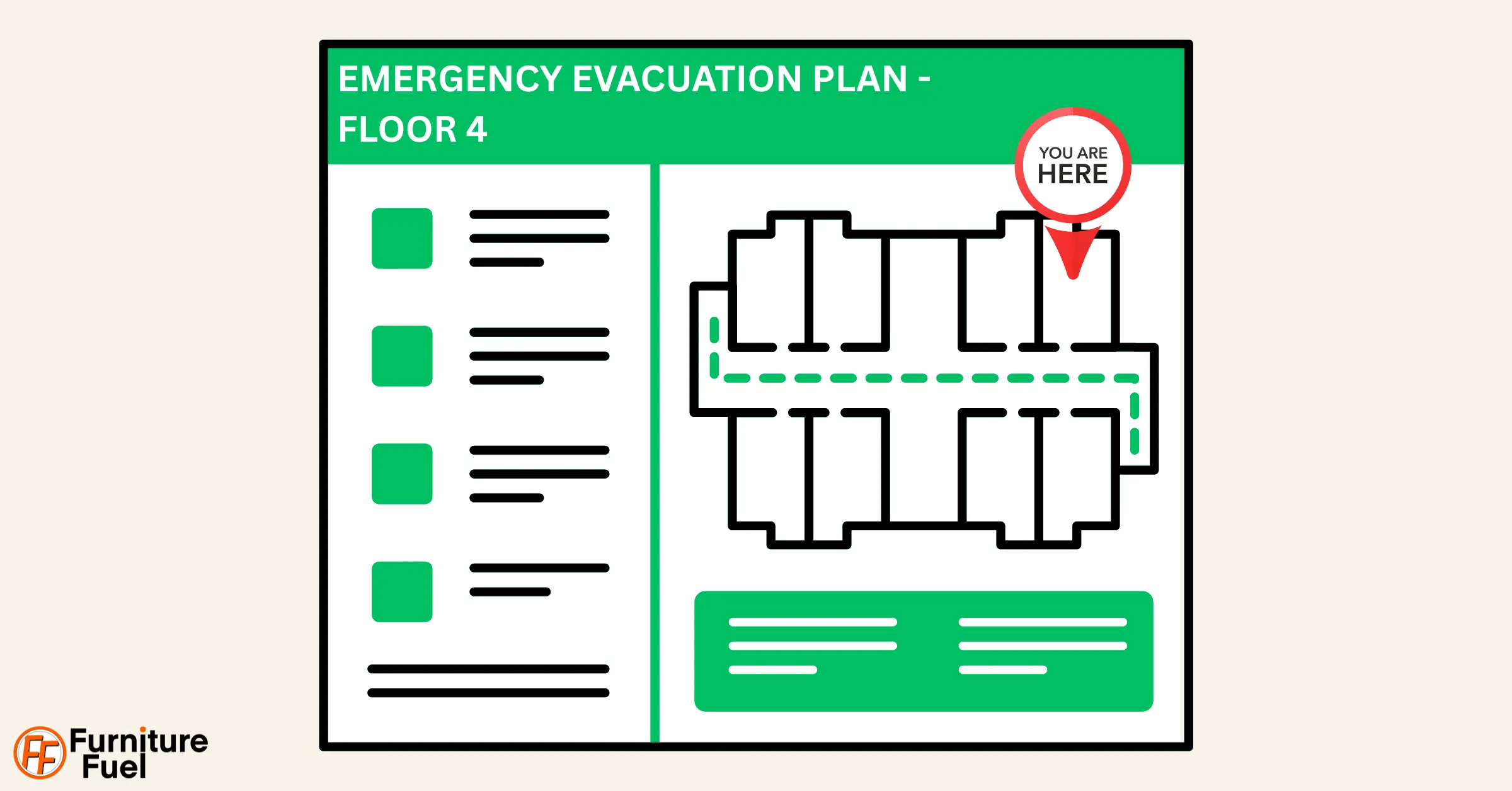 A image showing a evaulation map found in hotels. It displays the quickest exit routes in case of an emergency.