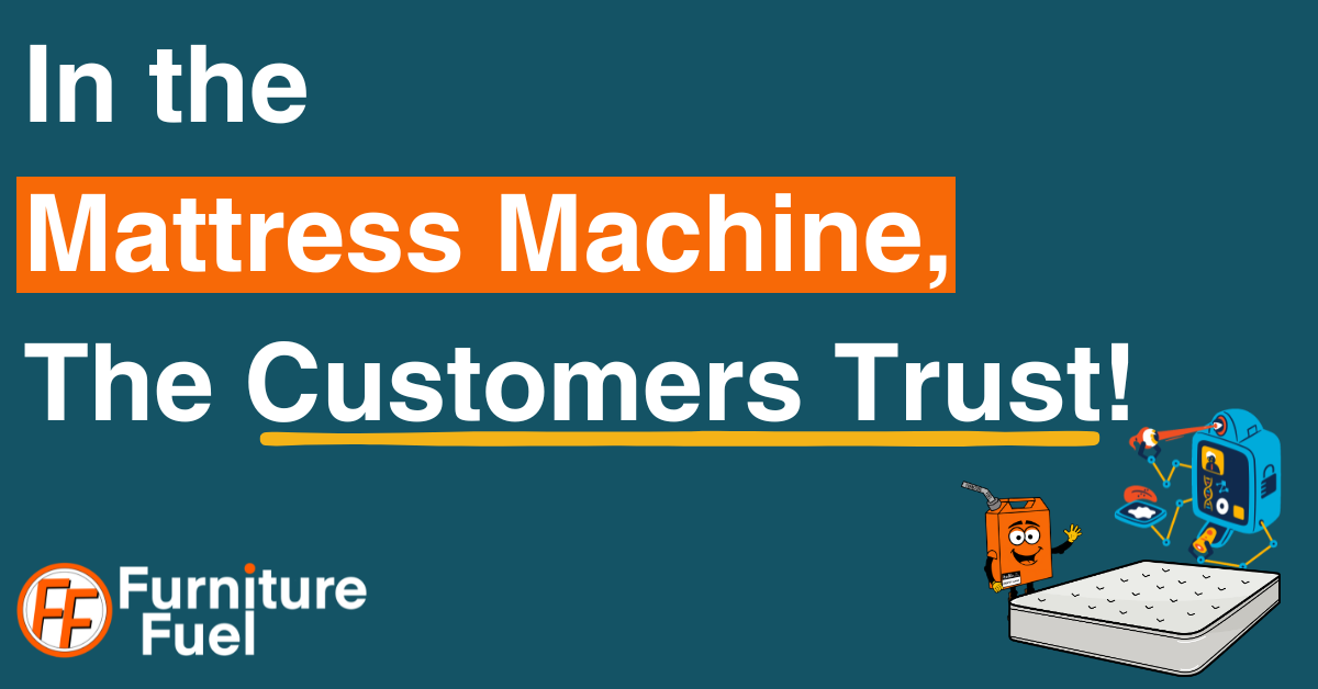 A featured image stating that in the mattress machine, the customers trust. With an image of a mattress and a robot behind it.