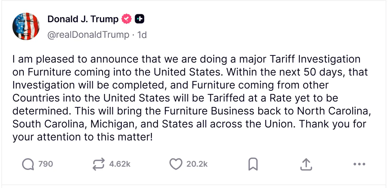 An image of trumps announcement on truth social for the investigation into furniture tariffs