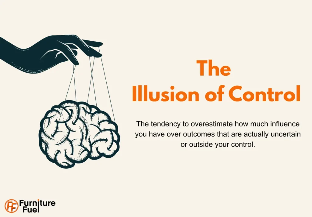 A hand puppeteering a mind on the left. There is a title The Illusion of Control on the right of it with the text under it saying: The tendency to overestimate how much influence you have over outcomes that are actually uncertain or outside your control.