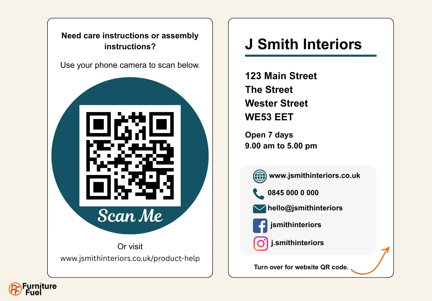 An image of a QR card that has the company info on one side and on the other a QR code they can scan with there phone to get direct quick access to product instructions and guides.
